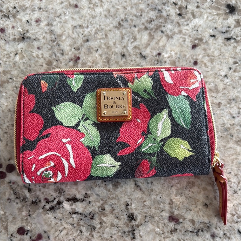 Dooney & Bourke Floral Zip-Around Wallet - Black with Red & Green Roses